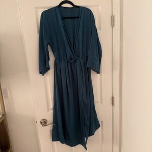 ZARA Teal‎ Satin Wrap Midi Dress Side Slit Elastic Waist M Plunge Neckline Party